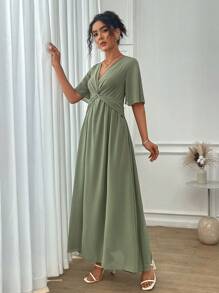 SHEIN Clasi 女士优雅通勤/约会/海滩度假闪亮雪纺面料扭纹前灯笼袖连衣裙 - 軍綠色 - 查看 6