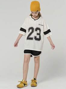 SHEIN Set de 2 bucăți pentru fete Elder Tween Girl, ocazional de zi cu zi, în stil sport în aer liber, set de pantaloni scurți cu mânecă scurtă, vară