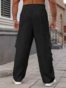 Manfinity Homme 大码男士简约休闲纯色抽绳腰工装裤 - 黑色 - 查看 2