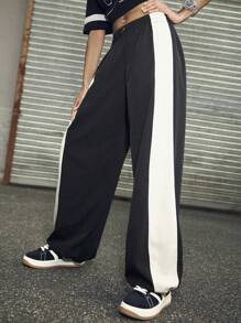 Streetz SHEIN Sport Pantalones casuales holgados con cintura elástica y piernas anchas de color contrastante para mujer