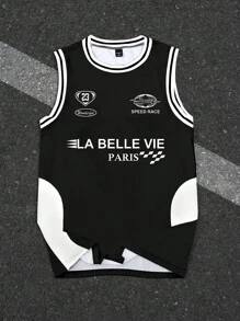 Manfinity Campus Court Herren Rundhals gestreiftes & Buchstaben bedrucktes ärmelloses Trägershirt, Herren Streetstyle Sporttank Top mit witzigem Gesicht und Buchstaben Muster in Oversized Grafikdesign, in Schwarz. Perfekt für Musikfestivals und den Alltag, auch ein tolles Geschenk für einen Freund oder Ehemann