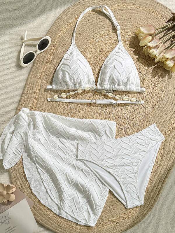 SHEIN Teen Girls 3pcs/Set Ribbed Knit Texture White Cami Top, Swimming Shorts And Wrap Skirt, Vacation Swimsuit, Young Girls Swim Suits, Young Girls Swimsuit, Bathing Suit Set
