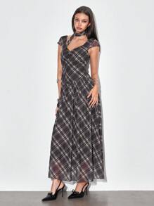 ROMWE J-Fashion Y2K Korean Cute Plaid Pattern Ootd Mesh Dress