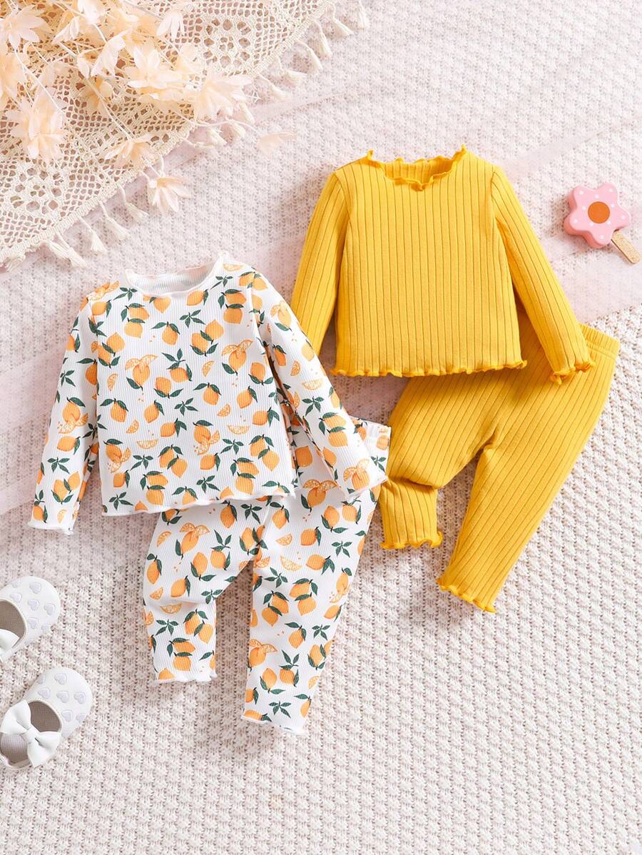 SHEIN 4 Stücke Set Neugeborenes Baby Mädchen Blümchen Gestricktes Langarm-Top & Hose mit Gummibund, geeignet für Herbst/Winter