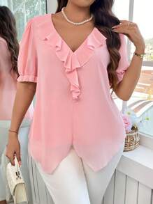 SHEIN Clasi Chemise à volants avec col en V et manches courtes de couleur unie, tailles grandes, convient pour l'été