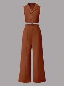 SHEIN Ensemble 2 pièces pour fille pré-adolescente : Veste sans manche avec col châle et pantalon de couleur unie