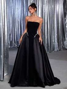 Vowa Elegante vestido de línea A con volantes, con parches de punto negro, satén sin tirantes, cintura de corsé, adornado con lujosa cinta con cuentas, con ajuste en la espalda, adecuado para citas, fiestas, bodas, vacaciones, regreso a clases, ocasiones formales, noche, invitado de boda, San Valentín - Negro - Ver 5