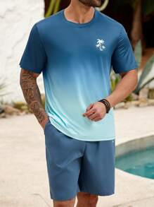 ResortEase Set da 2 pezzi, maglietta a maniche corte con stampa gradiente floreale e pantaloncini casual con tasche, per uomo taglia oversize, adatto per vacanze