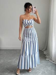 Elenzga Vestido de fiesta elegante de verano 2025 con escote cruzado de rayas, vestido deslizable con cintura anudada y sin tirantes, vestido versátil y sexy adecuado para citas, salidas, vacaciones, bodas, fiestas, carnavales, Pascua, festivales de música, festivales de cerveza