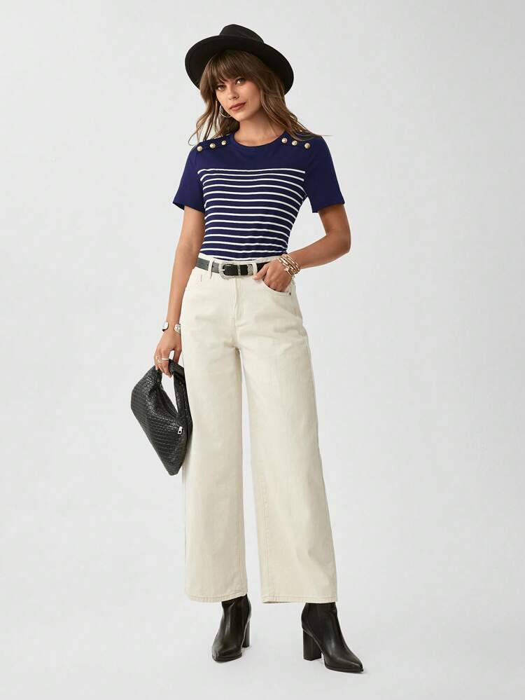Striped Print Decorative Button Detail Color Block Splicing Navy Blue Casual Tee Summer Tops,Casual
