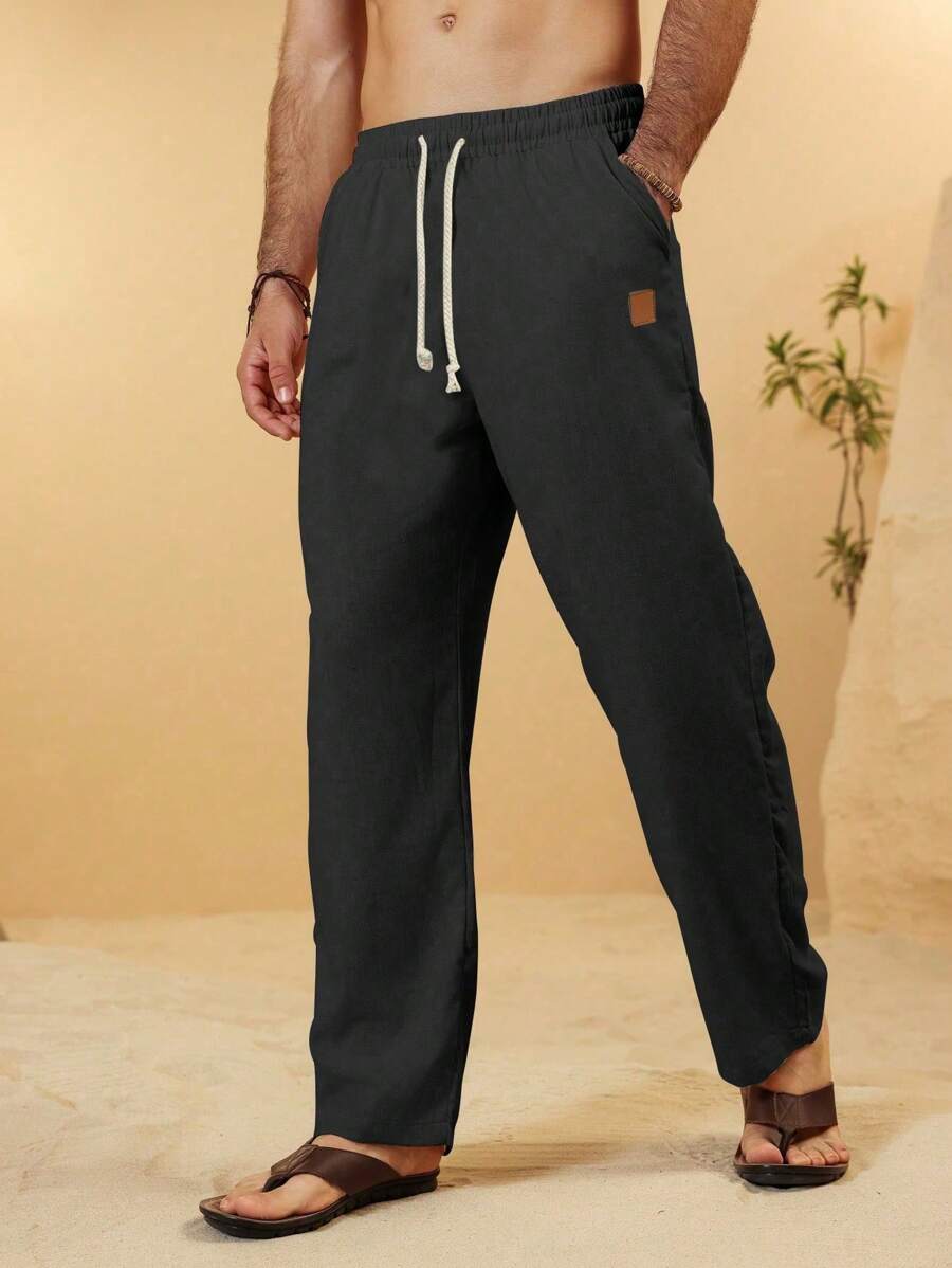 Manfinity RSRT Men's Casual Drawstring Waist Slant Pocket Linen Pants Casual Men Pants - Black - View 1
