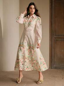 Anewsta Váy Maxi họa tiết hoa rộng rãi, cổ bẻ, tay áo lồng đèn kiểu Pháp, đơn hàng khuy, thắt lưng, trang phục mùa xuân dành cho nữ - Nhiều màu - Xem 1