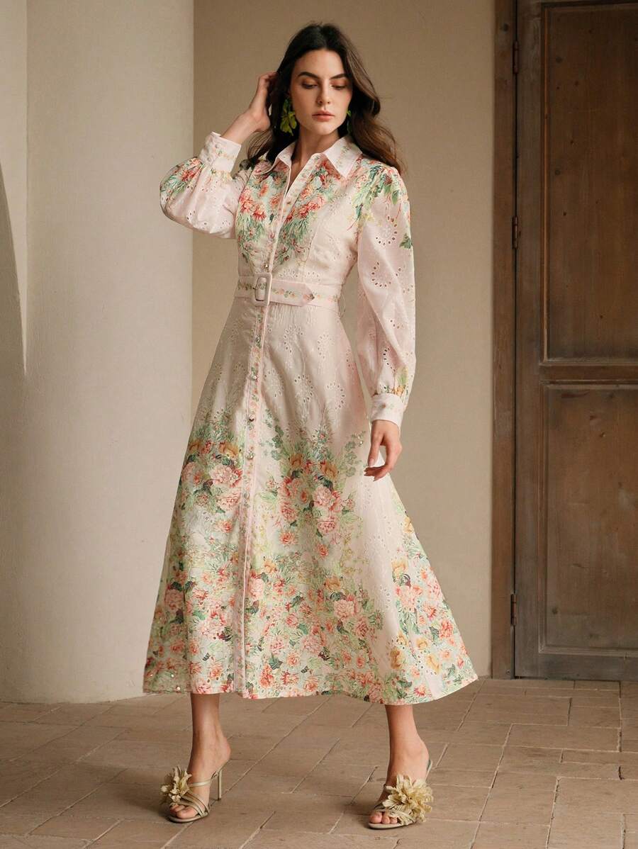 Anewsta Váy Maxi họa tiết hoa rộng rãi, cổ bẻ, tay áo lồng đèn kiểu Pháp, đơn hàng khuy, thắt lưng, trang phục mùa xuân dành cho nữ - Nhiều màu - Xem 1