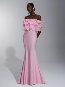 SHEIN Belle Elegant, romantic, demn roz tricotat țesătură elastică, fără mâneci, umăr asimetric, volană, decor, rochie de petrecere cu tivul coadă de pește, potrivită pentru petrecerea de aniversare, nuntă, domnișoară de onoare - Baby Pink - Vizualizare 1