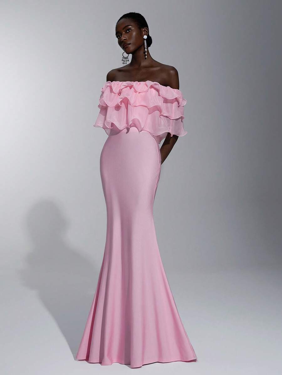 SHEIN Belle Elegant, romantic, demn roz tricotat țesătură elastică, fără mâneci, umăr asimetric, volană, decor, rochie de petrecere cu tivul coadă de pește, potrivită pentru petrecerea de aniversare, nuntă, domnișoară de onoare - Baby Pink - Vizualizare 1