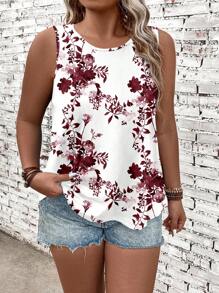 EMERY ROSE Plus Size Floral Print Casual Crew Neck Camisole And Tank Top For Summer Suitable For Going Out - Multicolor - View 1