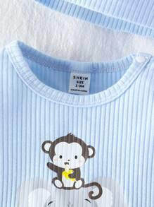 SHEIN 男婴简约动物造型字母印花长袖连体衣带帽家居服套装度假旅行休闲夏装棉质 - 藍色 - 查看 3