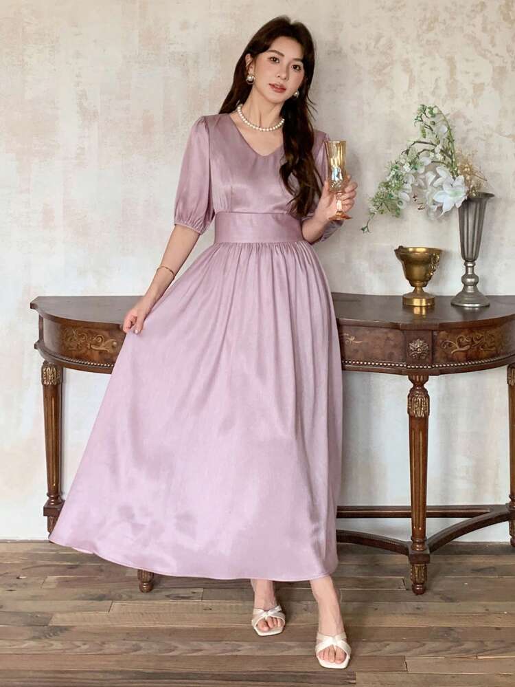 Women's Elegant Solid Color Puff Sleeve Cinched Waist Dress, Spring/Summer Maxi Dress