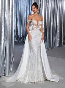 Glamrae Elegant Luxurious Embroidered Sequin & Lace Spliced Satin Bow Trailing Gown, Suitable For Wedding, Party, Honeymoon, Bridal, Bride,Graduation,Teacher Outfits For Women,Teacher Dress - Beige - View 7