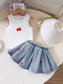 2-teiliges Baby Mädchen Set, niedlich und modisch mit bestickter Kirsche am ärmellosen Top und Denim Rock mit Falten, Preppy-Stil für Frühling und Sommer - Verschiedenfarbig - Übersicht 1