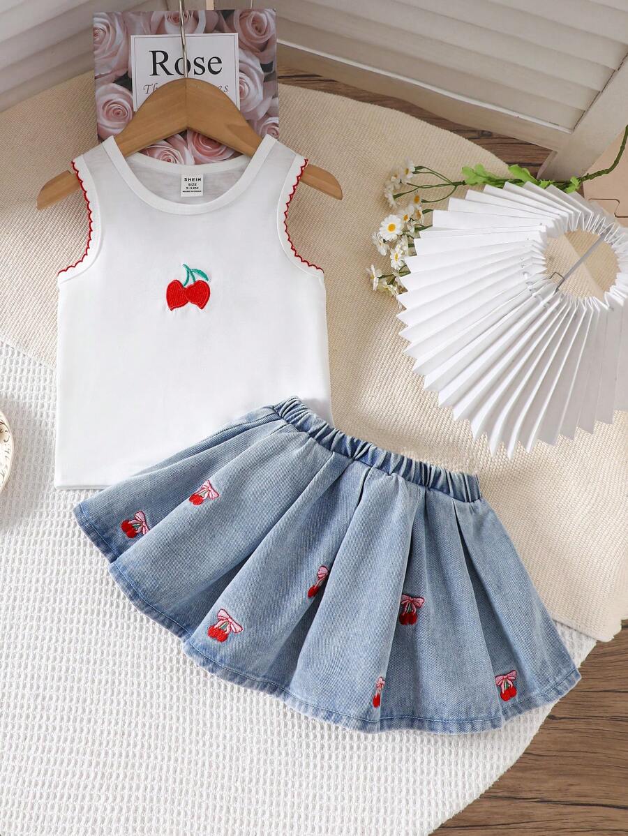 2-teiliges Baby Mädchen Set, niedlich und modisch mit bestickter Kirsche am ärmellosen Top und Denim Rock mit Falten, Preppy-Stil für Frühling und Sommer - Verschiedenfarbig - Übersicht 1