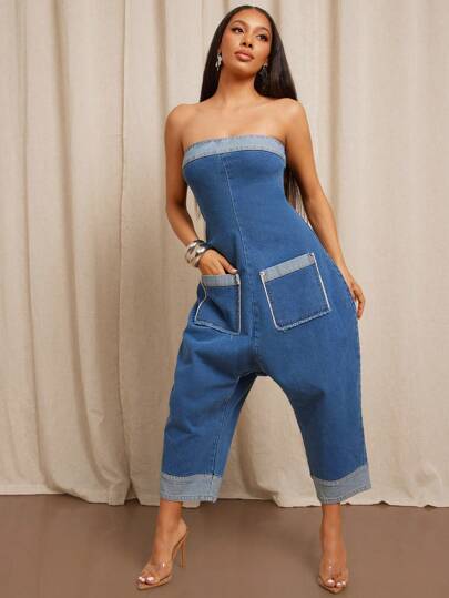 Vixey 无肩带牛仔哈伦连体裤，春季服装，女士夏季服装，复活节服装