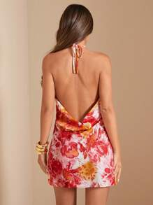 SHEIN BAE Vestido mini floral con escote en V sexy y aberturas para mujer de vacaciones