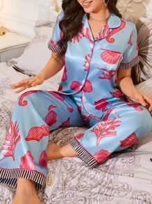 SHEIN Ocean Elements Print Faux Silk Women's Cardigan Pajama Set - Baby Blue - View 1