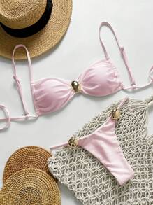 Swim Mod 2pcs Women Summer Beach Outfits: Metallic Solid Color Spaghetti Strap Gold Circle Accessory Bandeau Top And Thong Bikini Set - Baby Pink - View 6