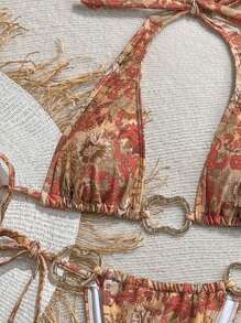 Soleia 女士复古彩色印花金属装饰领带沙滩比基尼套装，彩色性感比基尼套装，金属装饰比基尼，领带 - 彩色 - 查看 3