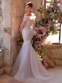 Glamrae Elegant och lyxig broderad spetsapplikation, elastisk spets och mesh, axelbandslös fisktailklänning, lämplig för bröllop, singelfest, semester, bal, smekmånad, brudklänning, brud - Beige - Visa 3