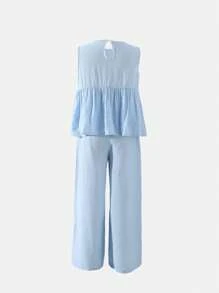 SHEIN 2pcs Girls Casual Loose Round Neck Sleeveless Solid Color Top And Wide Leg Elastic Waist Long Solid Color Pants Set, Summer - Blue - View 2