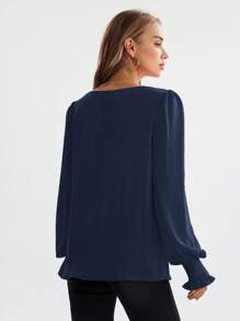 EMERY ROSE Round Neck Solid Puff Sleeve Blouse,Long Sleeve Tops - Navy Blue - View 2