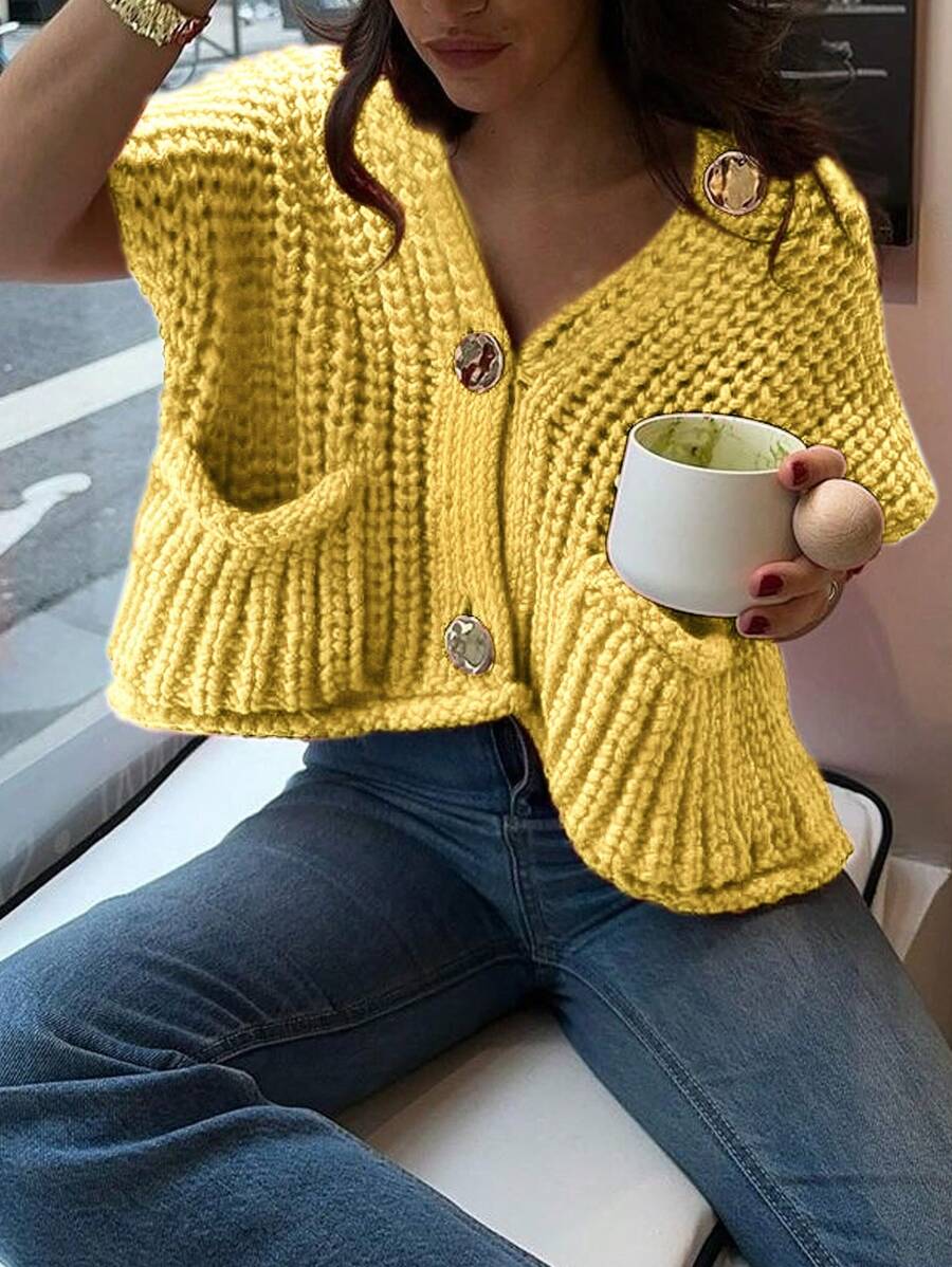 INAWLY Ladies Button V-Neck Fashionable Pocket Design Casual Knit Sweater Vest - Yellow - View 1