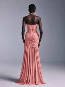 Elitara Elegant Halter Neckline 3D Floral Chest Ruched Mesh Sheer Fish Tail Bridesmaid Dress - Coral Pink - View 2