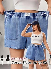 SHEIN CURVE+ Women's Blue Plus Size Denim Shorts Elastic Waistband Loose And Comfortable Shorts Summer Outfits, Curve Plus, Boho Vacation - Medium Wash - View 1