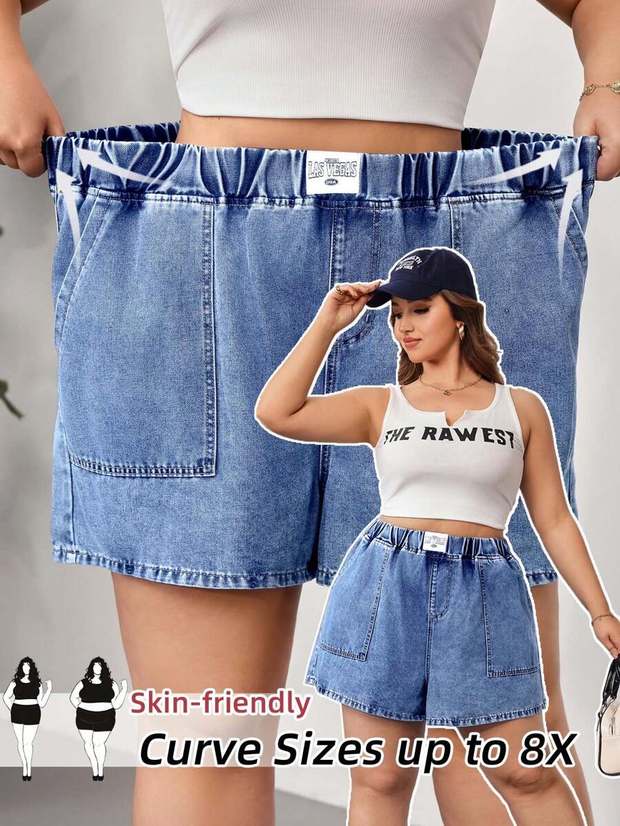 SHEIN CURVE+ Women's Blue Plus Size Denim Shorts Elastic Waistband Loose And Comfortable Shorts Summer Outfits, Curve Plus, Boho Vacation - Medium Wash - View 1