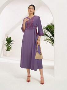 Al Najma Women's Summer Elegant Geometric Embroidery Notched Neck Dress - Purple - View 7