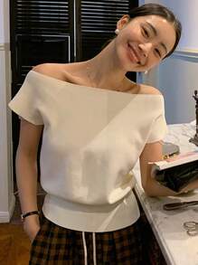 DAZY Women Off-Shoulder Short Sleeve Casual Knit Top, Solid Color - White - View 2