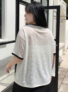 Dazy Plus 大码蝴蝶结、蕾丝、花卉撞色圆领短袖字母印花T恤可爱上衣女式夏季服装学院风上衣