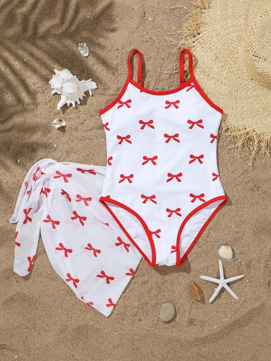 SHEIN Traje de baño de una pieza para niñas con decoración de lazo, ribete negro, pareo - Rojo - Ver 1