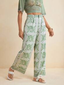 VALERIA GÓMEZ Travel Stamp Printed Straight Casual Women Pants Festival Vintage , Vacation , Boho - Multicolor - View 6