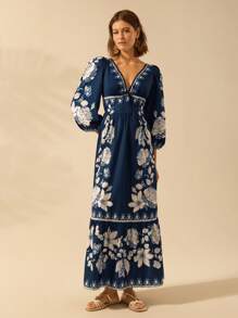 CAJUNI 女士热带花卉印花V领长袖露背度假连衣裙 - 彩色 - 查看 3