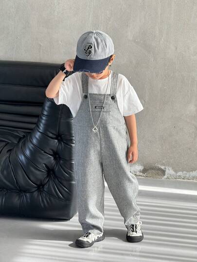 SHEIN Leap Crew Cute Casual Grey Jumpsuit Overalls For Young Boys, Versatile For Birthday Party, Evening Event, Performance, Wedding, Baptism And School, Suitable For Spring, Summer, Autumn And Winter Young Boys Clothing 4t Young Boys Pants