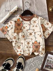 SHEIN Cute Capybara Graphic, Muted Color Scheme, Young Girl Casual Minimalist Round Neck Short Sleeve T-Shirt, Suitable For Summer - Multicolor - View 3