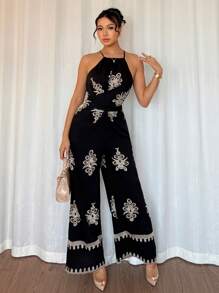 SHEIN Unity Women's Elegant Casual Halter Jumpsuit, Flared Leg Embroidered Vacation Jumpsuit - Black - View 6