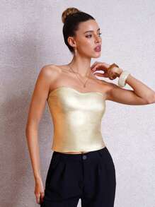 SHEIN Clasi Gold Color Strapless Top, Suitable For Summer Vacation And Parties Mother Day Summer Church Graduation Top For Women - Gold - View 7