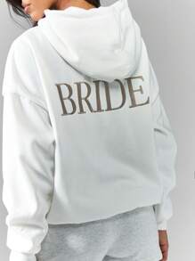 SHEIN Unity Oversized Embroidered Bride Hooded Sweatshirt - White - View 3
