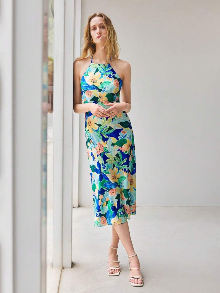 SHEIN Maija Women's Blue Summer Vacation Sexy Satin Satin Floral All-Over Printed Elegant Minimalist Fashion Party Music Festival Halter Open Back Graduation Sundress