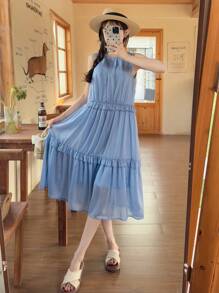 SHEIN Teen Girls Blue Elegant Minimalist Round Neck Sleeveless Loose Stylish Woven Casual Dress, Summer, Ruffles, A Pendulum